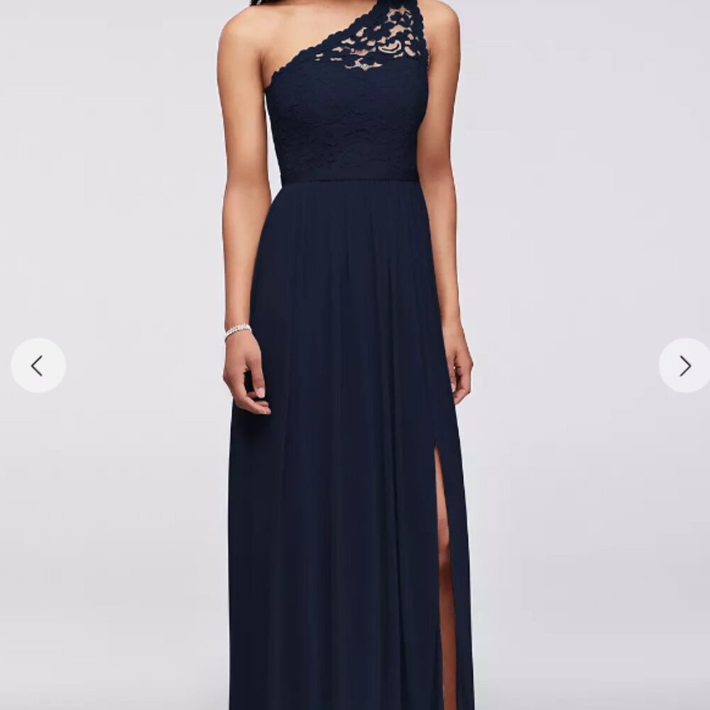 David's Bridal Navy Maxi One Shouldered Bridesmaid
